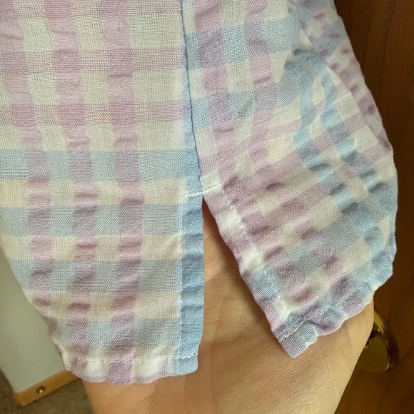 LOFT Blue & Lavender Pastel Gingham Tie-Neck Puff Sleeve Blouse Women’s Size L - Picture 4 of 11